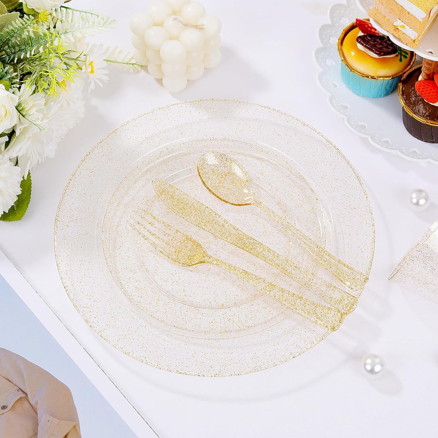 I00000 700 Pcs Gold Glitter Plastic Dinnerware Sets, Disposable Plates for Party, Include: 100 Dinner Plate,100 Dessert Plate,100 Paper Napkins, 100 Cups,100 Plastic Silverware Set