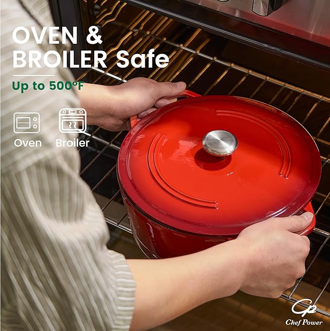 Chef Power Dutch Oven Pot with Lid 6QT, Enameled Cast Iron Dutch Oven for Bread Baking, Braising, Stews, Roasting, Oven Safe Dutch Ovens, Gradient Red