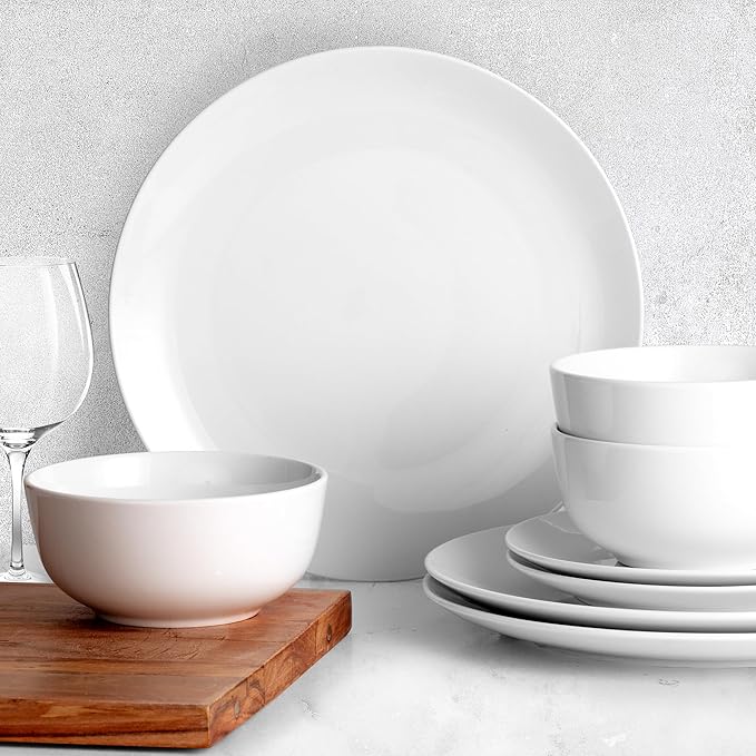 Zulay Kitchen Icon Porcelain Dinnerware Set, Service For 6 - Chip & Scratch Resistant White Plates And Bowls Sets - Microwave & Dishwasher Safe - White