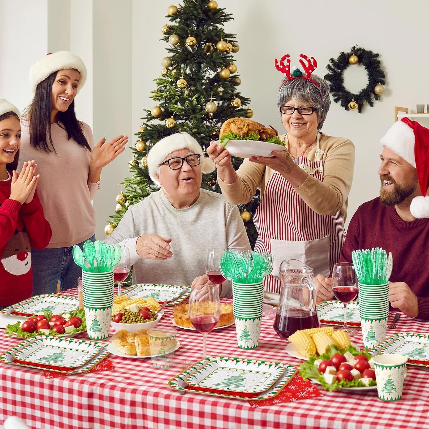 350 Pcs Paper Plates and Napkins Set Disposable Dinnerware Party Supplies Tableware Serve 50 Guest Cups Knife Forks Spoon(Red, Green,Christmas Tree)