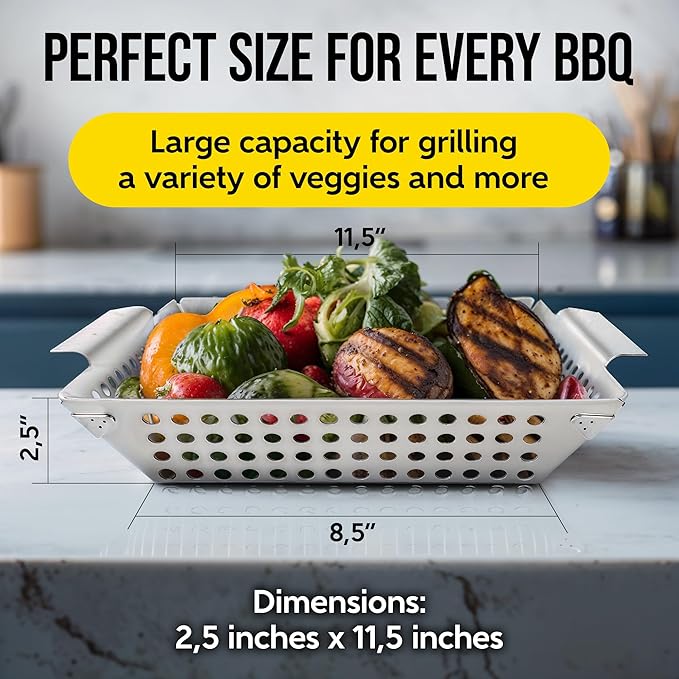 Kaluns Heavy Duty Stainless Steel Vegetable Grill Basket, Rectangular, Silver, Dishwasher Safe Grills and Vegetables