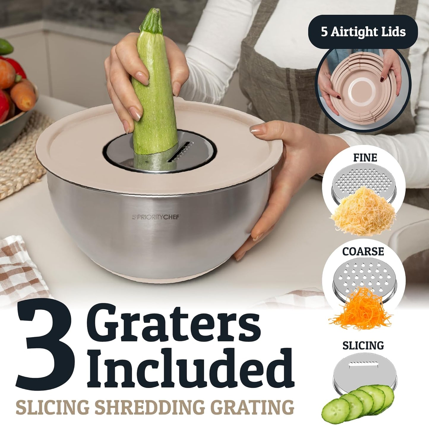 Priority Chef Stainless Steel Mixing Bowls with Lids Set, Metal Nesting Bowls with Airtight Lids, Graters, Non-Slip Base & Measurement Marks, Includes Utensil Set for Prep, Baking & Storage, Khaki