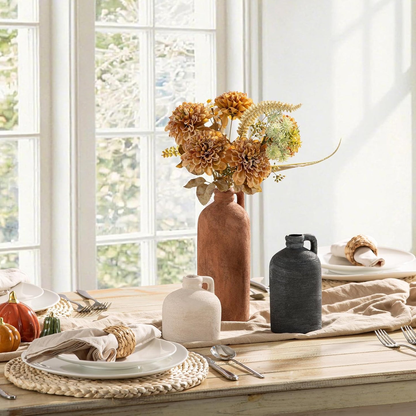 Ceramic Vase Home Table Decor - Flower Vase Set of 3 Living Room Kitchen Decorations Farmhouse Modern Rustic Vases Decorative Centerpiece for Shelf Bedroom Office Bathroom Dining Coffee Desk