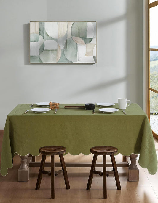 100% French Flax Linen Tablecloths Scalloped Embroidery Rectangle 108Lx60W Inch for Dinners, Parties, Spring, Machine Washable, 8-10 Sets, Olive Green(Edges-Gold)