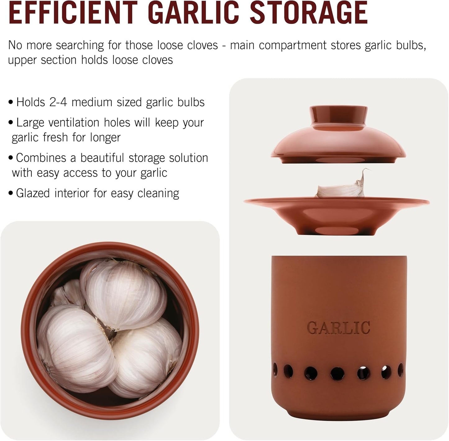 Monkey Business – Garlic Keeper – Terracotta Garlic Storage Container with Separate Ventilated Compartments for Whole Bulbs & Loose Cloves – Garlic Holder That Keeps Garlic Fresh & Kitchen Organized