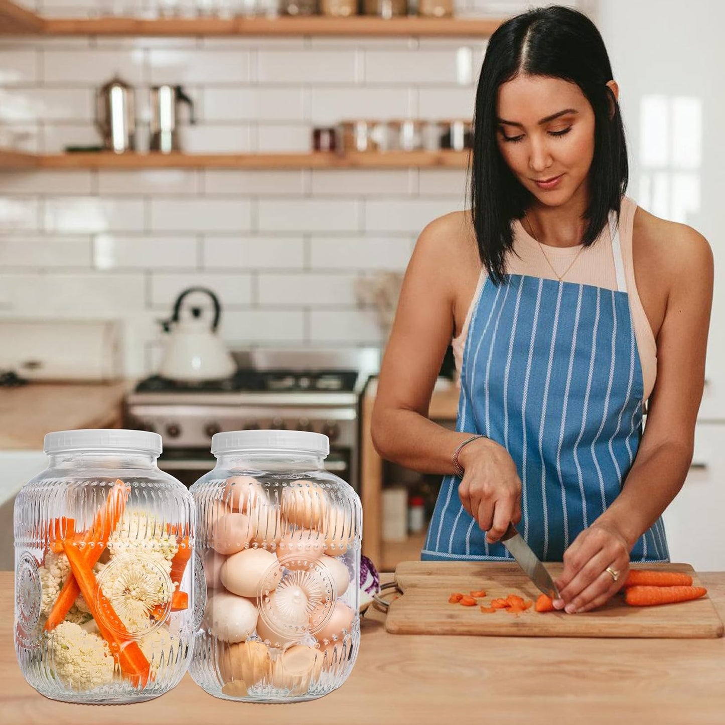 Amzcku 2 Pack 1 Gallon Glass Jar with Lid Wide Mouth, Large Mason Jar with Airtight Screw Lid and Handle, Glass storage containers, Cookie, Candy, Kombucha and fermention