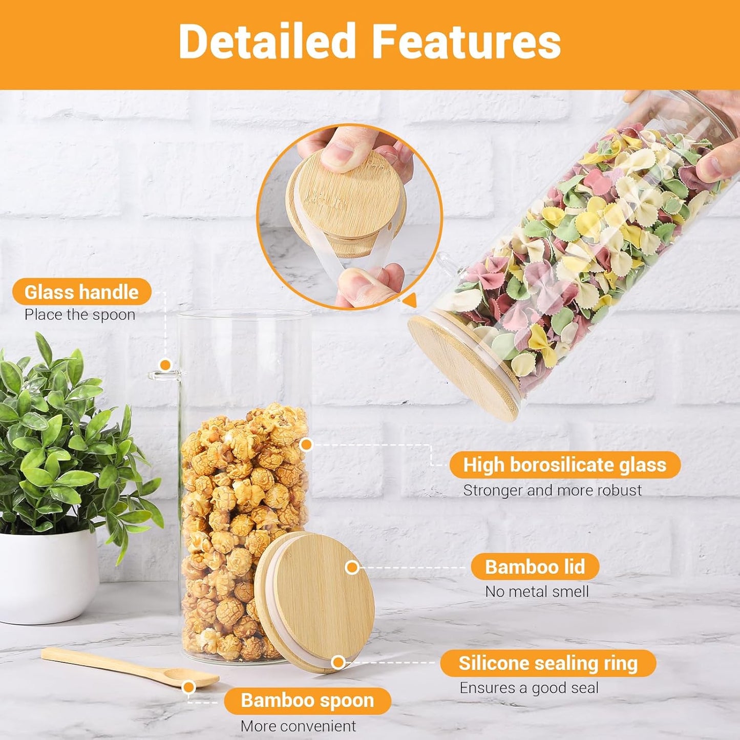 Glass Storage Jars with Lids - 2 Pack 54 Fl.oz Round Glass Pasta Containers with Airtight Bamboo Lids and Spoon, Includes Labels, Marker and Brush, Large Kitchen Jar for Cereal, Rice, Flour