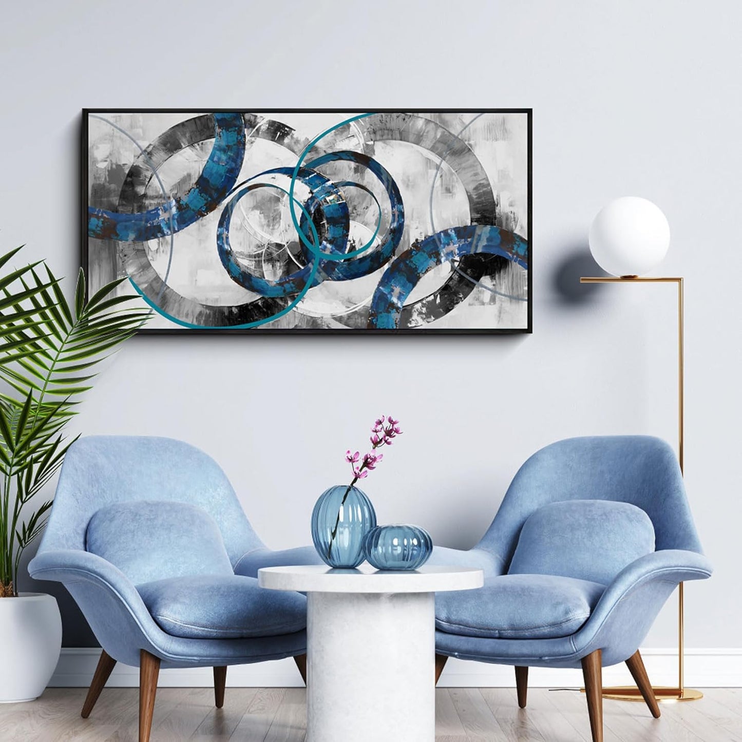 XLSJERST Large Frame Wall Art Blue Abstract Canvas - Modern Art Decor Pictures for Living Room Bedroom Office Gray and White Paintings Artwork Size 20x40 Inches