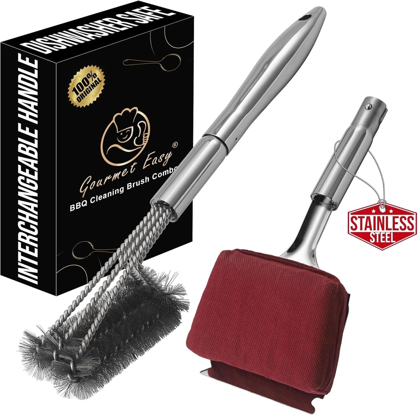 2-in-1 Stainless Steel Grill Brush Cleaning Kit, Grilling Accessories, Interchangeable BBQ Brush & Griddle Scraper with Fire-Resistant Cleaning Sponge, Dishwasher Safe Grill Cleaner, BBQ Accessories