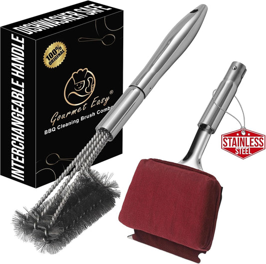 2-in-1 Stainless Steel Grill Brush Cleaning Kit, Grilling Accessories, Interchangeable BBQ Brush & Griddle Scraper with Fire-Resistant Cleaning Sponge, Dishwasher Safe Grill Cleaner, BBQ Accessories