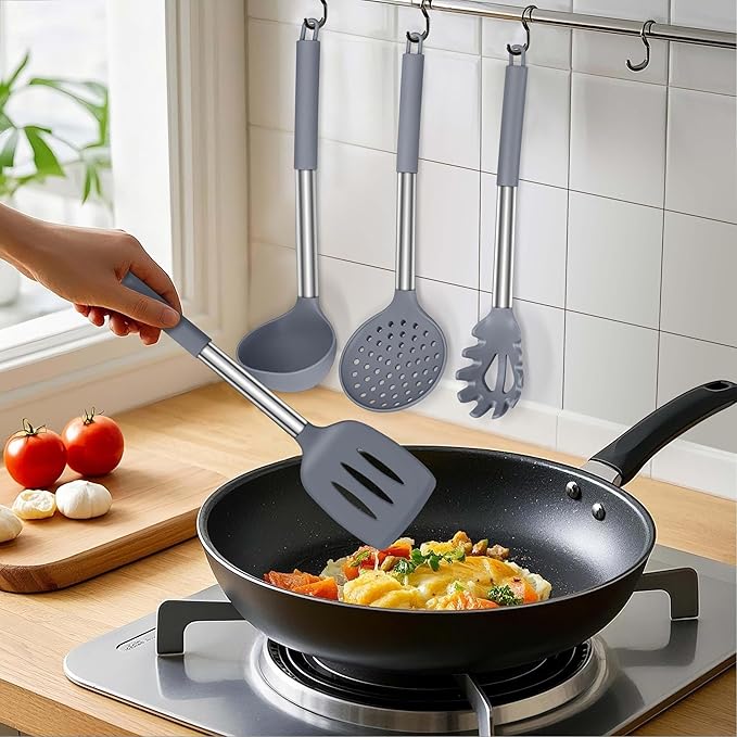 LIANYU Silicone Cooking Utensil Set, 6Pcs Heat Resistant Kitchen Utensils Set, Non-stick Stainless Steel Handle Spatula Tools, Dishwasher Safe, Grey