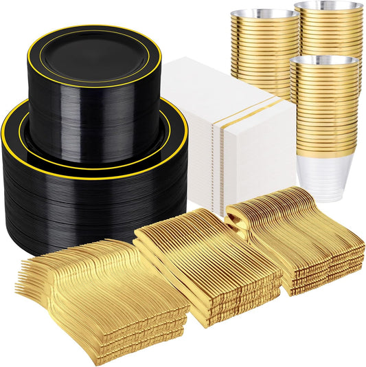 GATHER 700PCS Black Plastic Plates - Gold Disposable Plastic Dinnerware Set Include 200 6.3inch/9inch Black Plates, 300 Silverware, 100 Napkins, 100 Cups for Party & Wedding & Halloween