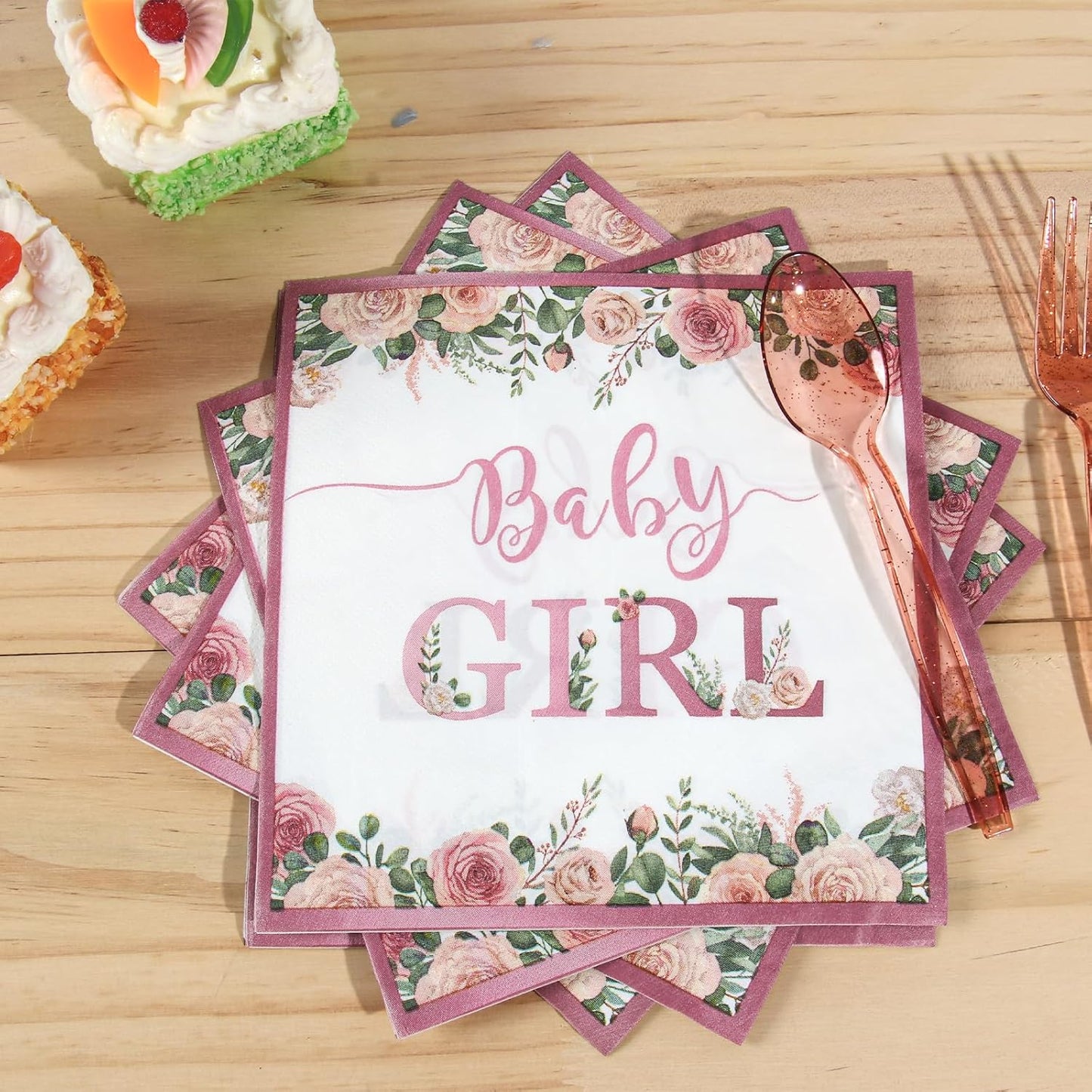 Floral Girl Baby Shower Tableware Set – Rose Gold Party Supplies with Plates, Cups, Napkins & Utensils – Serves 24 Guests, Perfect for Little Princess Party