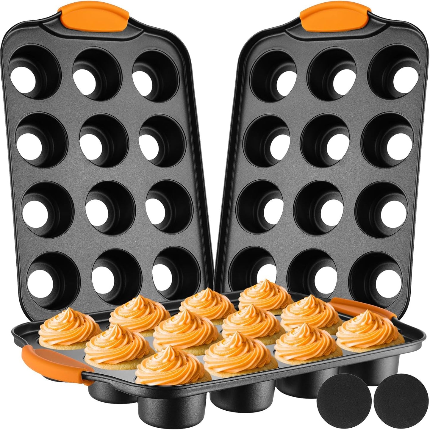 Uiifan 3 Pack Mini Cheesecake Pans Removable Bottom 12 Cavity Mini Cupcake Pan with Silicone Handle Nonslip Anti Heat Nonstick Carbon Steel Muffin Mold 13 x 8 Baking Molds(Orange)