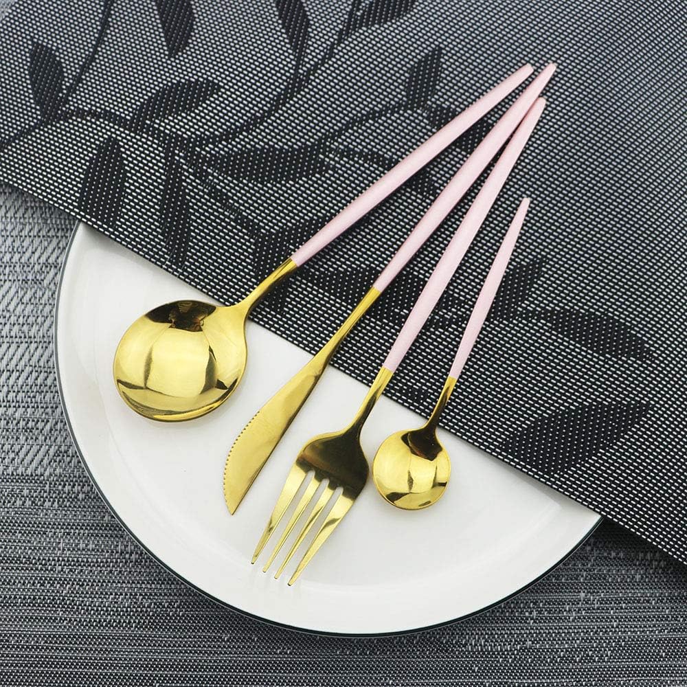 JASHII 30-Piece Stainless Steel Pink Gold Satin Finish Flatware Set - Mirror Polished Tableware Cutlery for Home and Restaurant - Dishwasher Safe