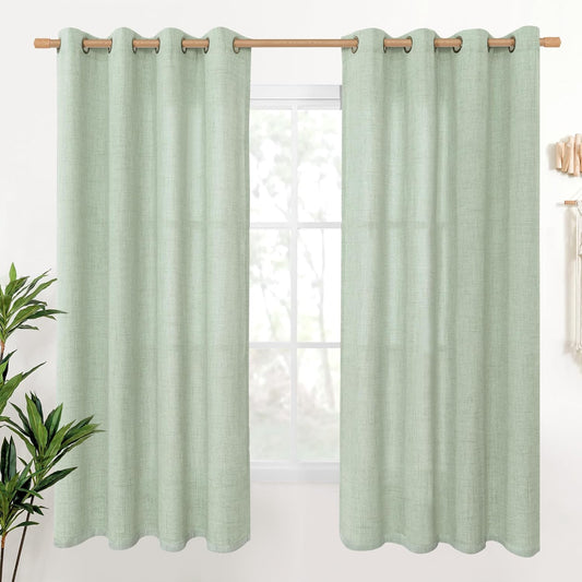 YoungsTex Sage Green Linen Curtains 68 Inch Length for Living Room, Light Filtering Semi Sheer Window Drapes with Bronze Grommet Privacy for Bedroom Farmhouse Decorative, 52 x 68 Inch, 2 Panels