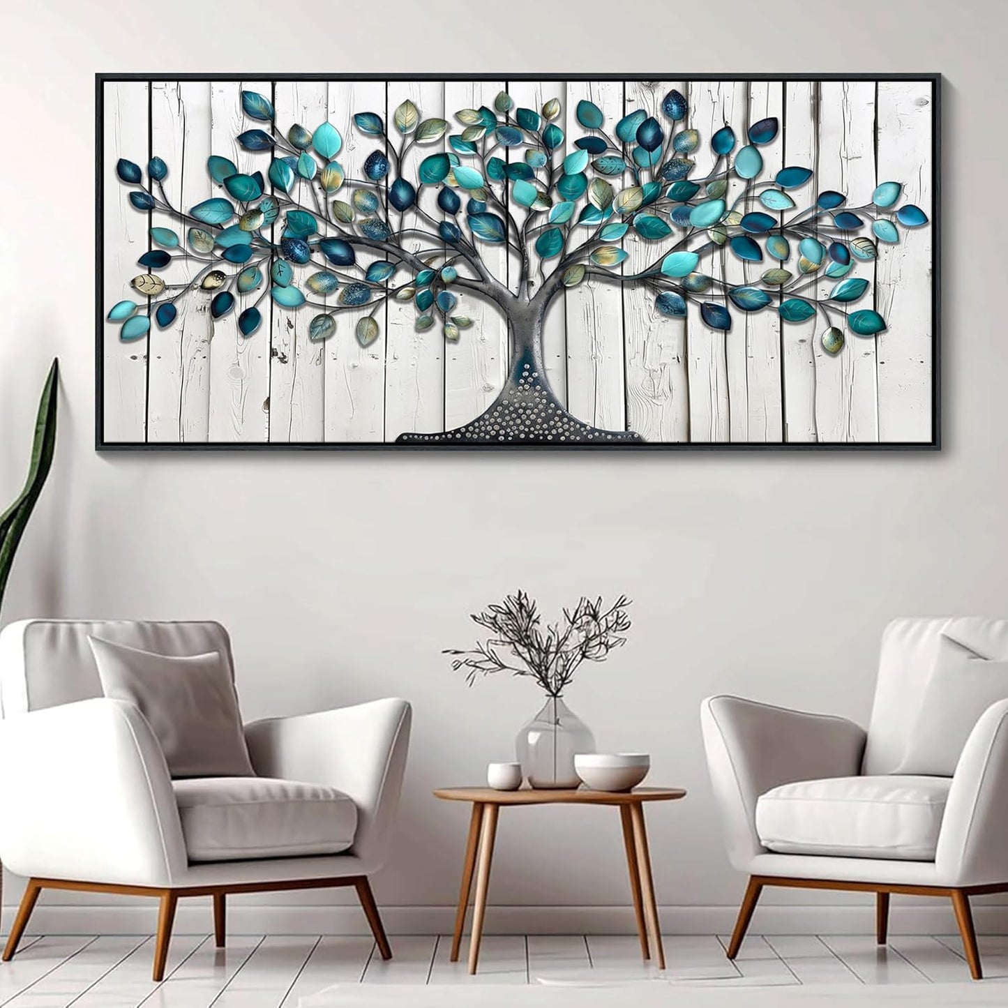 CHATYOUNG Large Trees Wall Art - Teal Leaves Gray Wood Texture Background Paintings Abstract Tree of Life Pictures Artwork for Living Room Bedroom Office Kitchen Home Decor 71"x32"