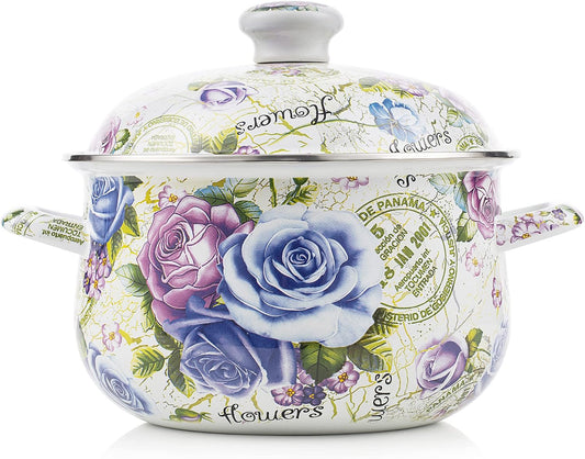 Retro Flower Enamel Stockpot with Lid,Stockpots for Cooking (5L-Blue Rose)