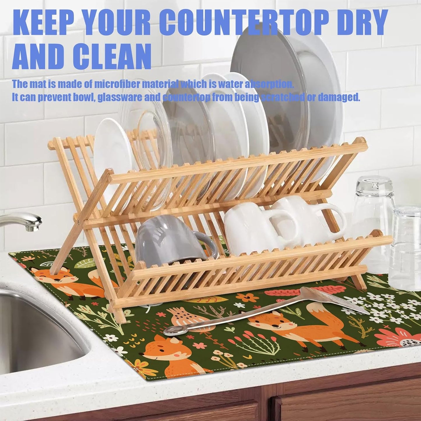 Cute Fox Dish Drying Mat for Kitchen Counter Animals Drying Pad Absorbent Reversible Dish Drainer Rack Mats Draining Pad 18"x24"Inch