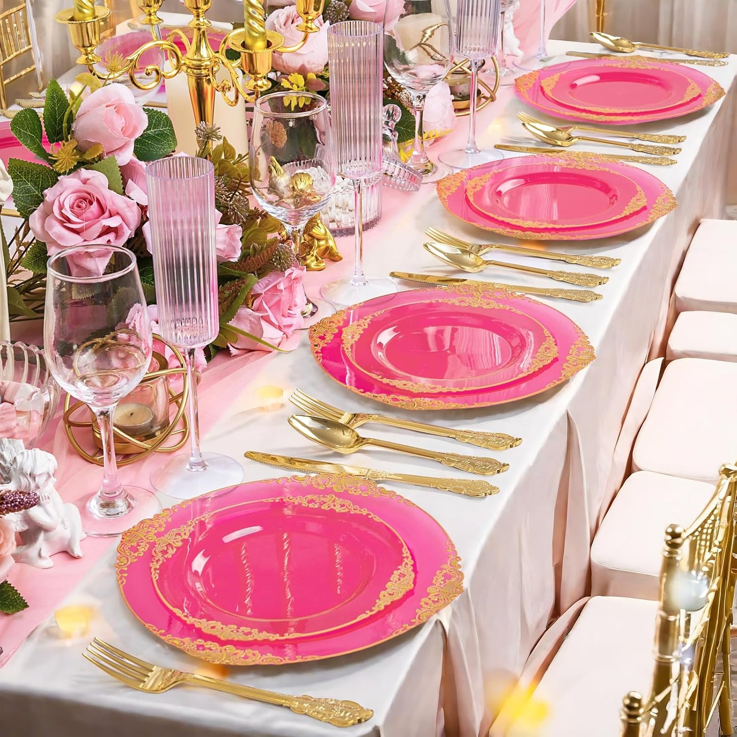 125PCS Hot Pink Plastic Plates - Clear Pink Gold Disposable Plates - Hot Pink Party Plate with Gold Plastic Silverware Set for 25 Guests for Wedding Party Birthday