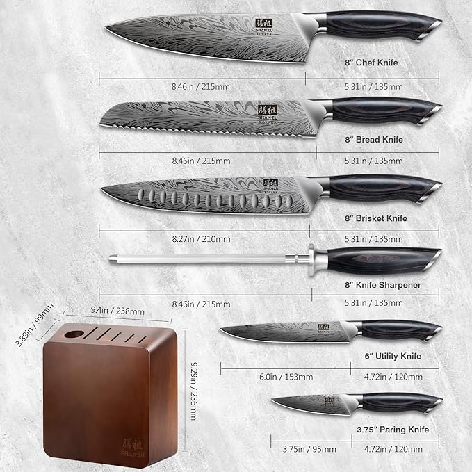SHAN ZU Kitchen Knife Set with Double Sided Magnetic Knife Block, 7PCS Knives Block Sets in Powder Steel Ultra Sharp Japanese Knife Sets with Sharpening Steel Chef Knives Set with Pakkawood Handle