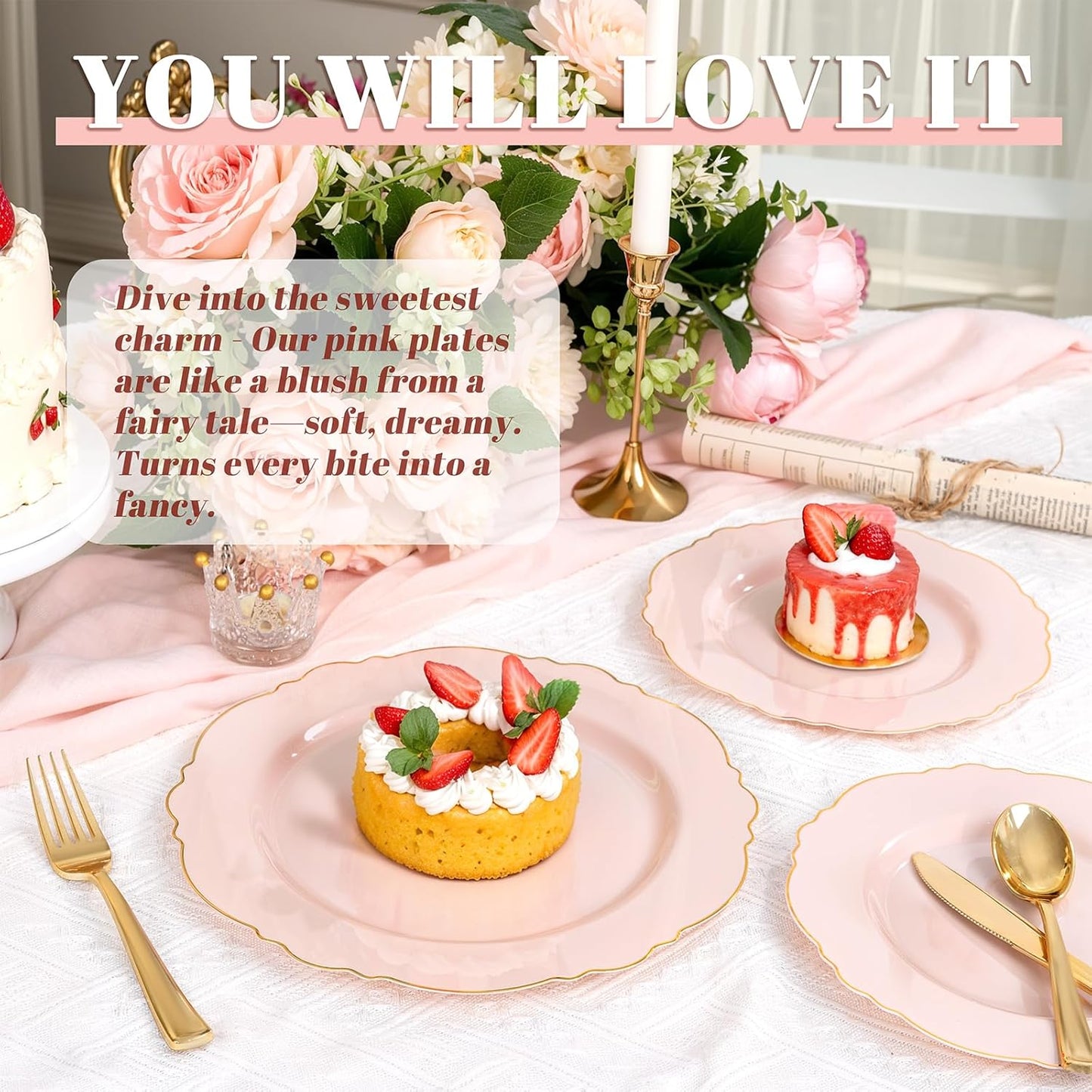 WDF 100pcs Pink Plastic Plates - High-end Baroque Design - Pink and Gold Plates for Upscale Party & Baby Shower - Including 50 Disposable Plate 10.25inch, 50Salad Plate 7.5inch