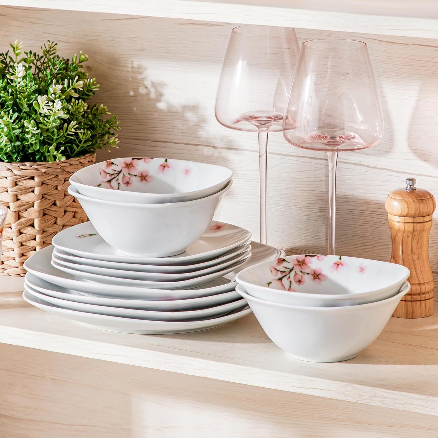 VEWEET Porcelain Dinnerware Set with Pink Floral, 12 PCS Including Dinner Plates, Dessert Plates and Cereal Bowls, Series Annie