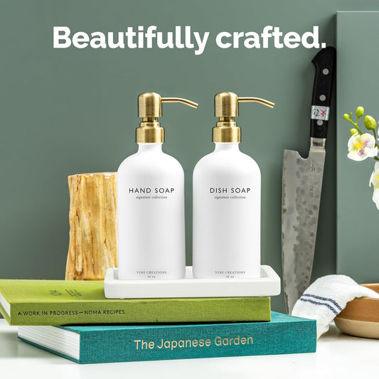 Vine Creations Glass Soap Dispenser Set, Kitchen Soap Dispenser Set with Ceramic Tray, 16 oz Dish Soap and Hand Soap Dispenser Set with Stainless Steel Pump Decor (White Bottle/Brushed Brass)
