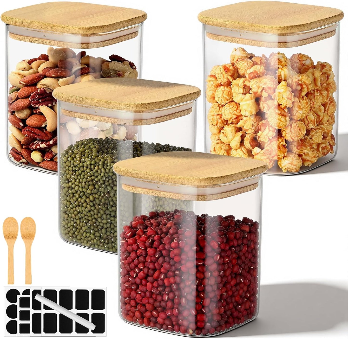 Glass Storage Jars, 4 Pack 29 Fl.oz Square Glass Jars with Bamboo Lids, Clear Kitchen Pantry Storage Containers for Sugar, Coffee, Flour, Tea, Candy - Set Comes with Labels, Marker and Spoon