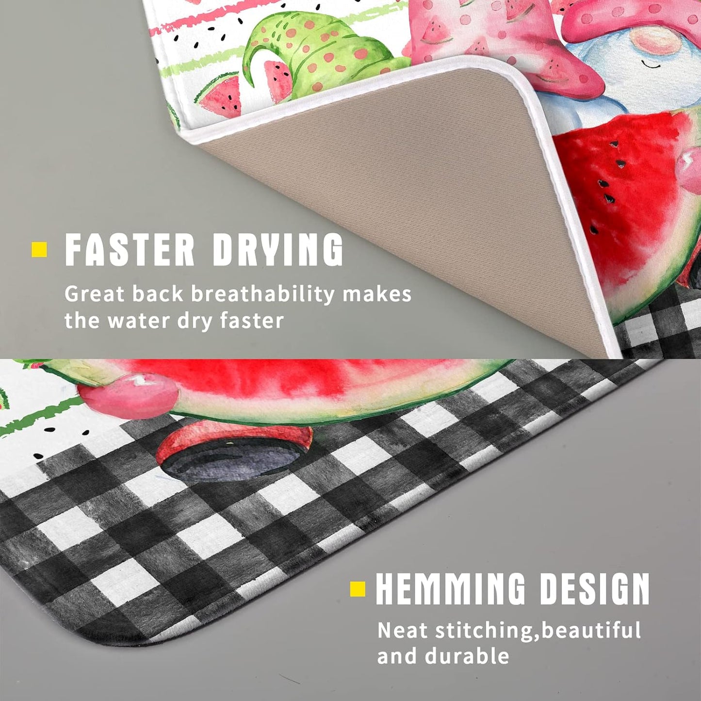 Kawani Gnomes Watermelon Dish Drying Mat for Kitchen Counter, Summer Watercolor Fruit Buffalo Check Quick Dry Absorbent Dishes Draining Mats Reversible Drainer Rack Pad 16 x 18