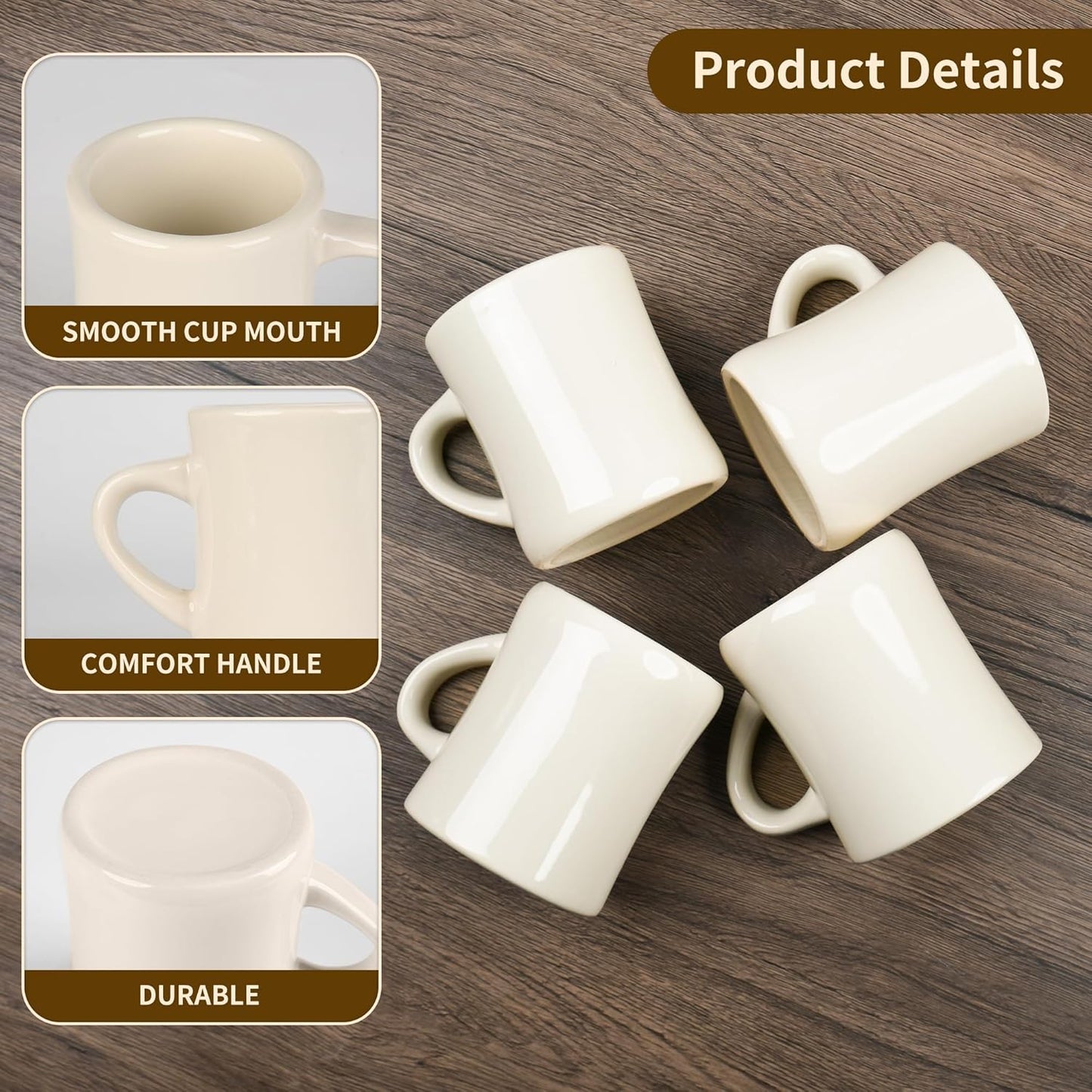 11oz White Diner Coffee Mug Set of 4 Ceramic Mugs Great for Kitchen Set, Travel, and Hot Tea (Cream)