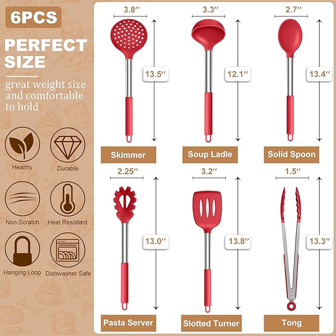 LIANYU Kitchen Cooking Utensils Set, Silicone Cooking Utensils Set of 6, Heat Resistant Kitchen Spatula Gadgets Tools for Nonstick Cookware, Stainless Steel Handle, Dishwasher Safe, Red