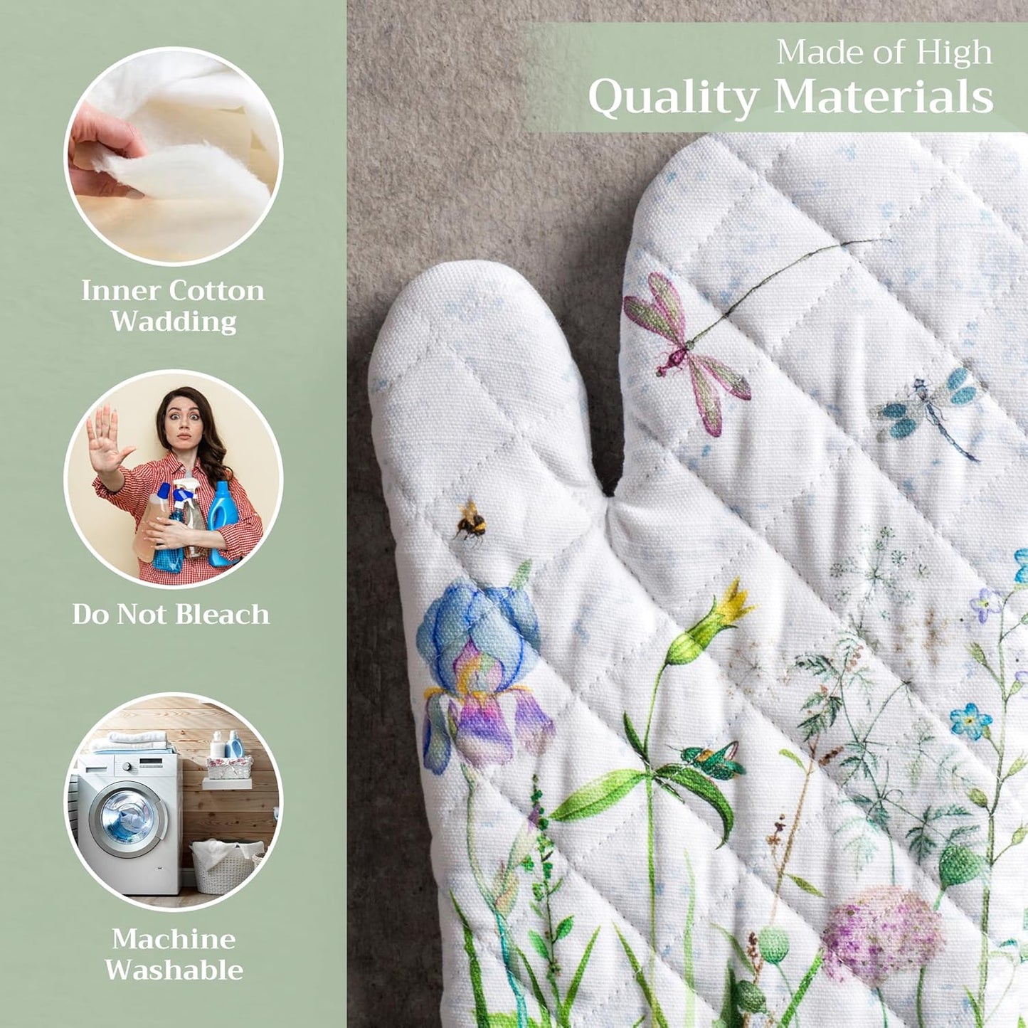 Maison d' Hermine Oven Gloves 100% Cotton Oven Mitt 7" x 13" with Loop Heat Resistant, BBQ, Cooking Gloves, Baking, Grilling, Kitchen, Handling Hot Pans Spring/Summer (Pack of 1, Fleurs De Mai)