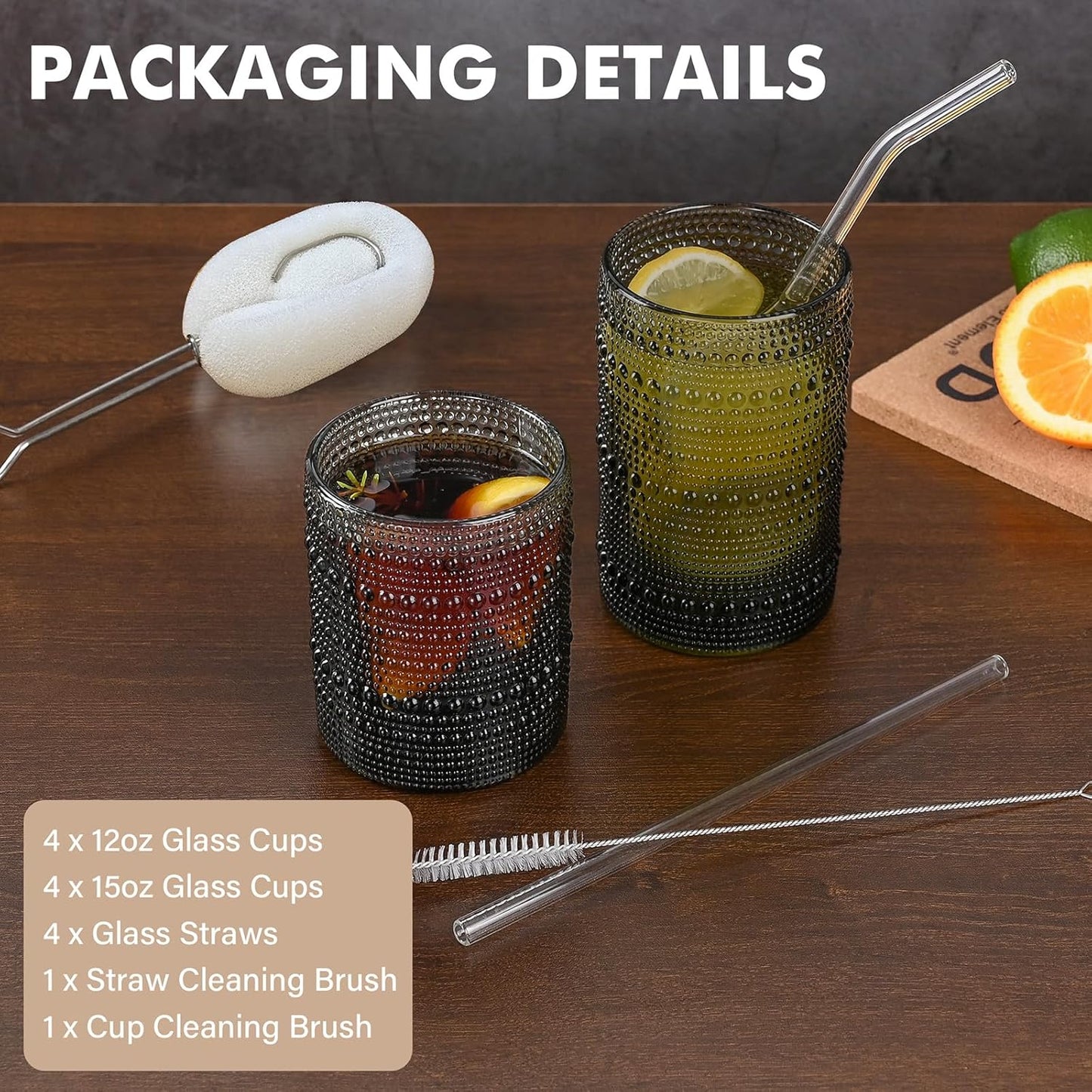 Vintage Hobnail Drinking Glasses Set of 8,Grey 12 oz & 15oz Highball Glass Cups, Kitchen Drinkware Glassware,Embossed Water Tumbler,for Beer,Cocktail,Whiskey,Juice and Various Mixed Drinks