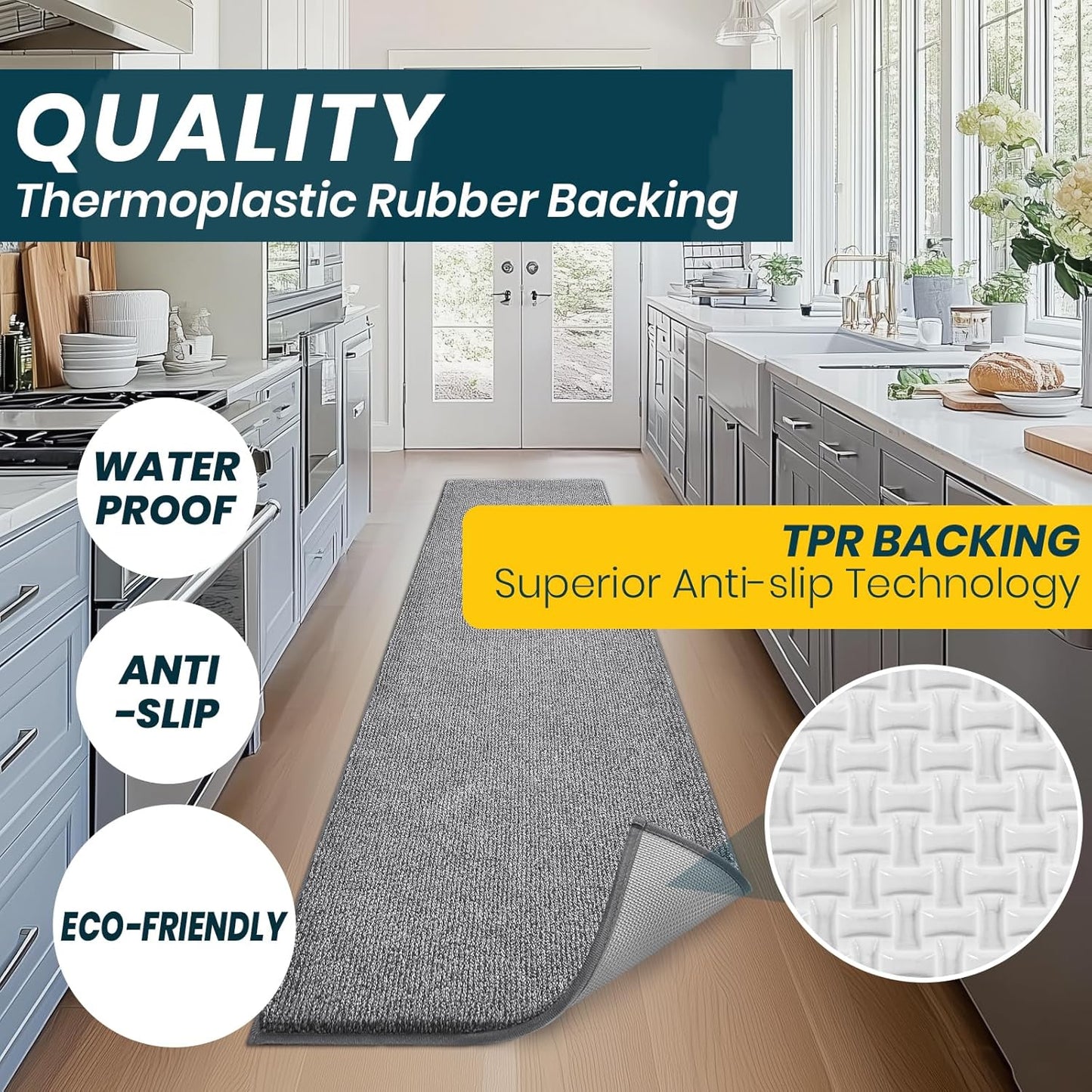 Washable Kitchen Rug 24" x 82" / 60cm x 210cm, Non Slip Kitchen Mat for Floor, Absorbent Indoor Entryway Runner Rug for Hallway, Laundry, Bathroom, Bedroom (Roll Packing)