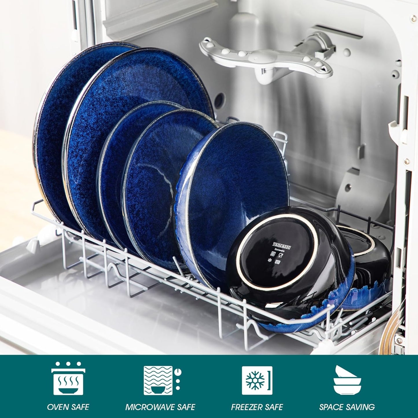 vancasso Starry Plates and Bowls Sets for 6, 24 Pieces Dinnerware Sets, Blue Reactive Glaze Dishes Sets for Kitchen, Scratch Resistant Stoneware Dishes Set, Dishwasher and Microwave Safe