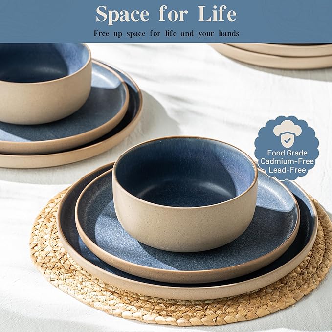 12 Pieces Dinnerware Sets,Plates and Bowls Sets,Handmade Reactive Glaze Dishes Set for 4 with at Least 10% Recycled Ceramic and the Raw Texture of the Clay (Reactive-Blue)
