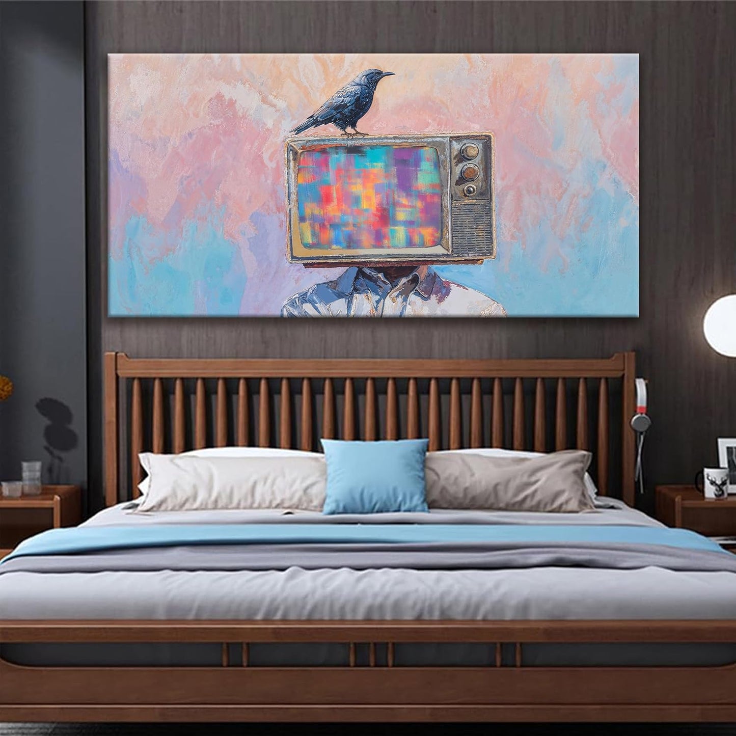 Large Wall Art For Living Room Decor Abstract Crow And Tv Head Art Prints Ready To Hang Room Wall Decor Canvas Wall Art For Office Bedroom Kitchen 29x58 Inch