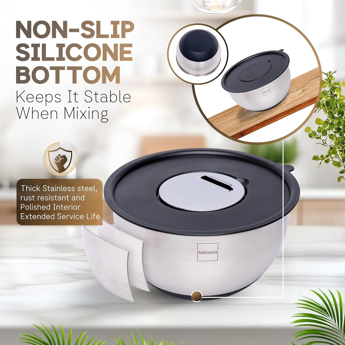 Stainless Steel Mixing Bowls Set of 5, Large Nesting Bowls with Airtight Lids for Food Prep, Cooking, Baking, Salad, and Outdoor Dining (Black, 5 Pcs)