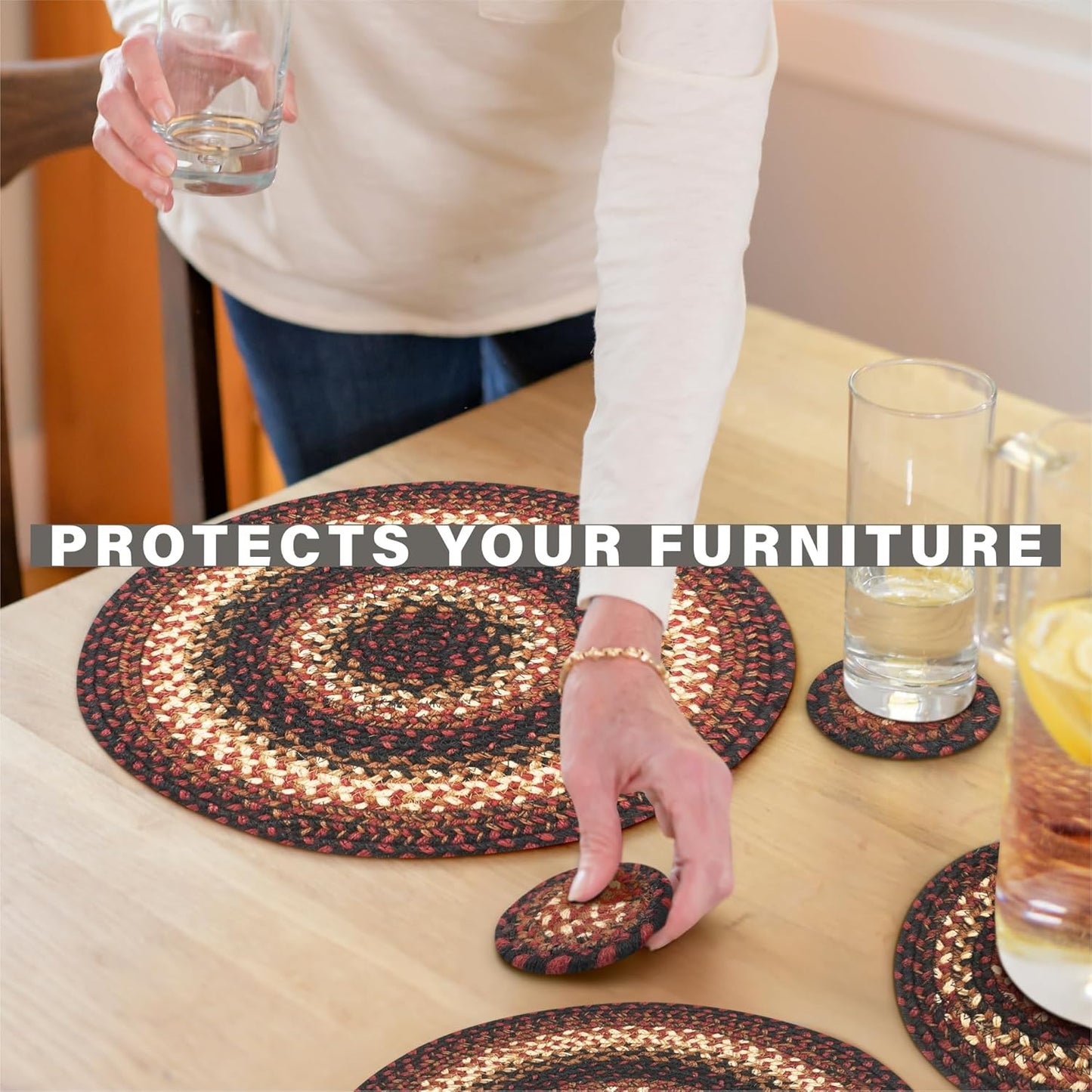 Prescott Jute Woven Round Placemats Set of 6, 15", Country Primitive Decor, Black and Red Table Mats - Vibrant Colors, Durable, Easy to Clean and Protects Furniture