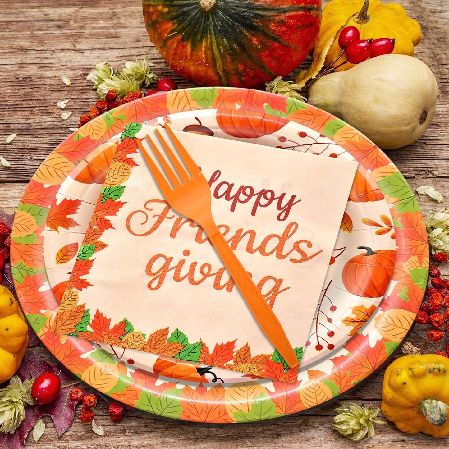 96 Pieces Happy Friendsgiving Tableware Set Party Supplies - Fall Thanksgiving Pattern Disposable Dinnerware with Paper Plates, Napkins, Forks for Autumn Harvest, Friendsgiving Dinner BBQ Picnic