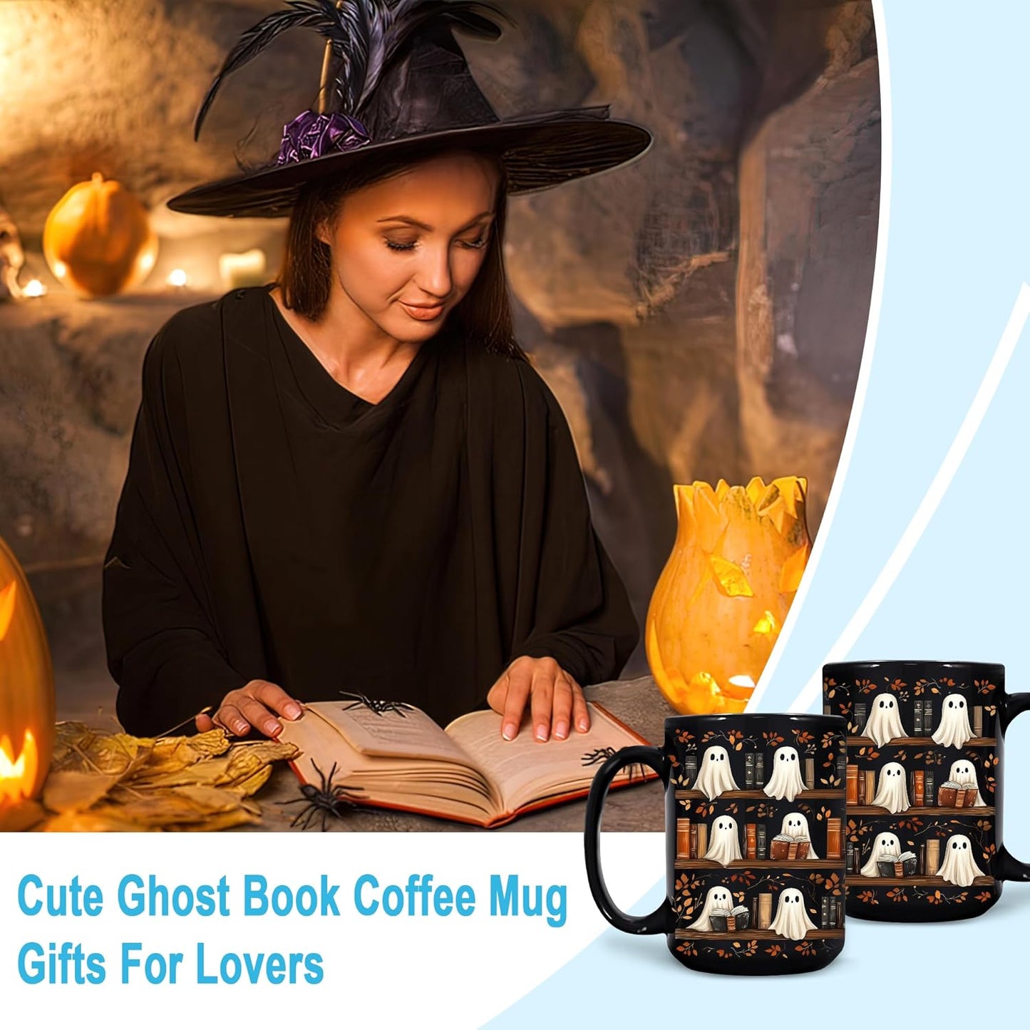 Hyturtle Cute Ghost Read Book Mug - Black Coffee Cup Ceramic Mug 15 Oz And Keychain - Book Gifts For Women Lover - Bookish Gift For Bookworm Librarian - Inspirational Librarian Present For Halloween