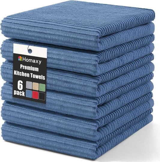 Homaxy Premium Kitchen Towels (18"x 28", 6 Pack), Large 100% Cotton Kitchen Hand Towels, Ultra Absorbent Ribbed Terry Tea Towels Set with Hanging Loop, Navy Blue