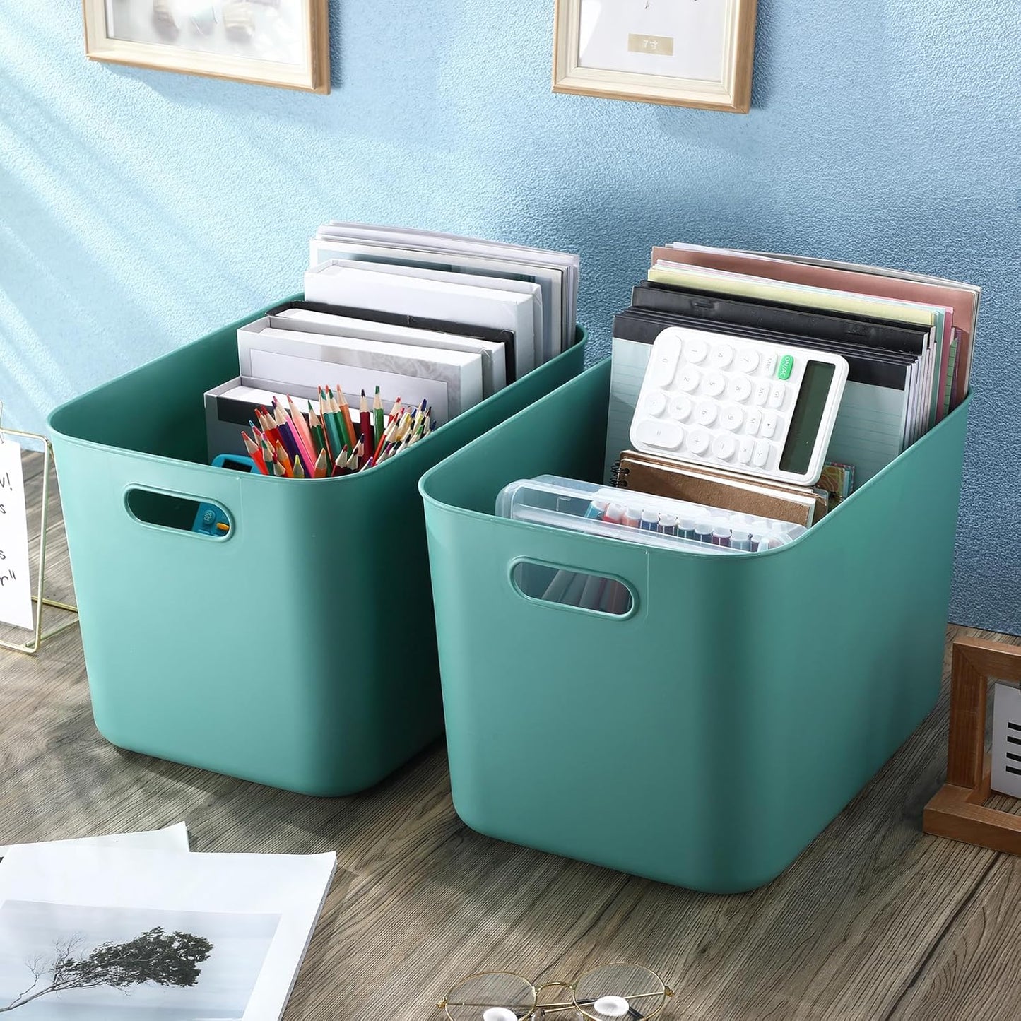 Hoolerry 8 Pieces Colorful Storage Bins with Lid, Plastic Storage Basket Organizing Container Stackable Box with Handle for Shelves Desktop Playroom Office(14.2 x 10.2 x 9.5 Inch,Green)