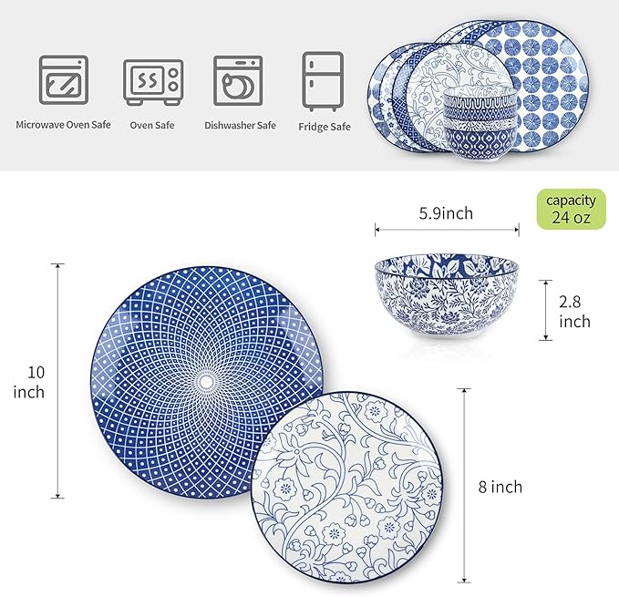 Selamica Ceramic Dinnerware Sets, 12-Pieces Plates and Bowls Sets, Scratch Resistant Dishes set for 4, Dishwasher & Microwave Safe,Vintage Blue