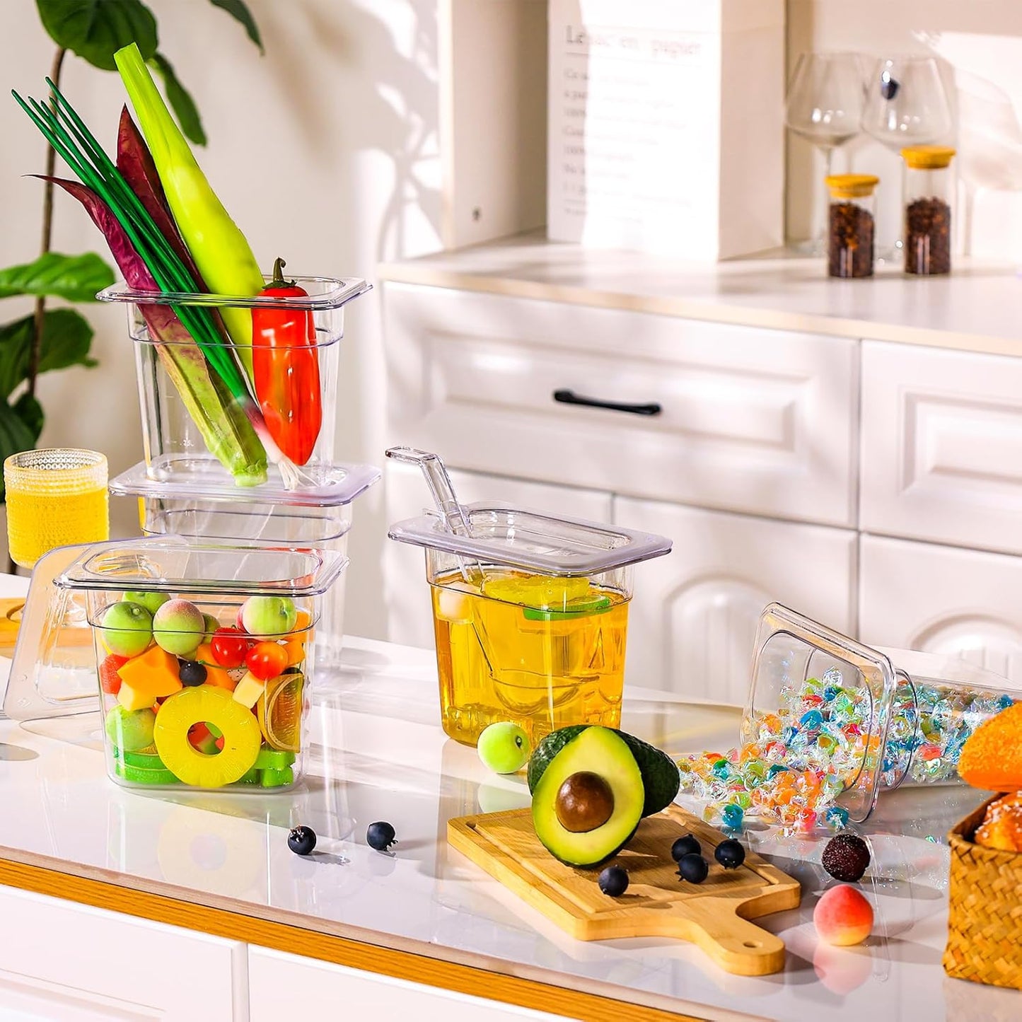 12 Pack Plastic Clear Food Pans with Lids, 1/9 Size 6'' Deep Commercial Stackable Polycarbonate Pans Hotel Food Storage Pan with 1 Pcs Spoon for Fruits Vegetables