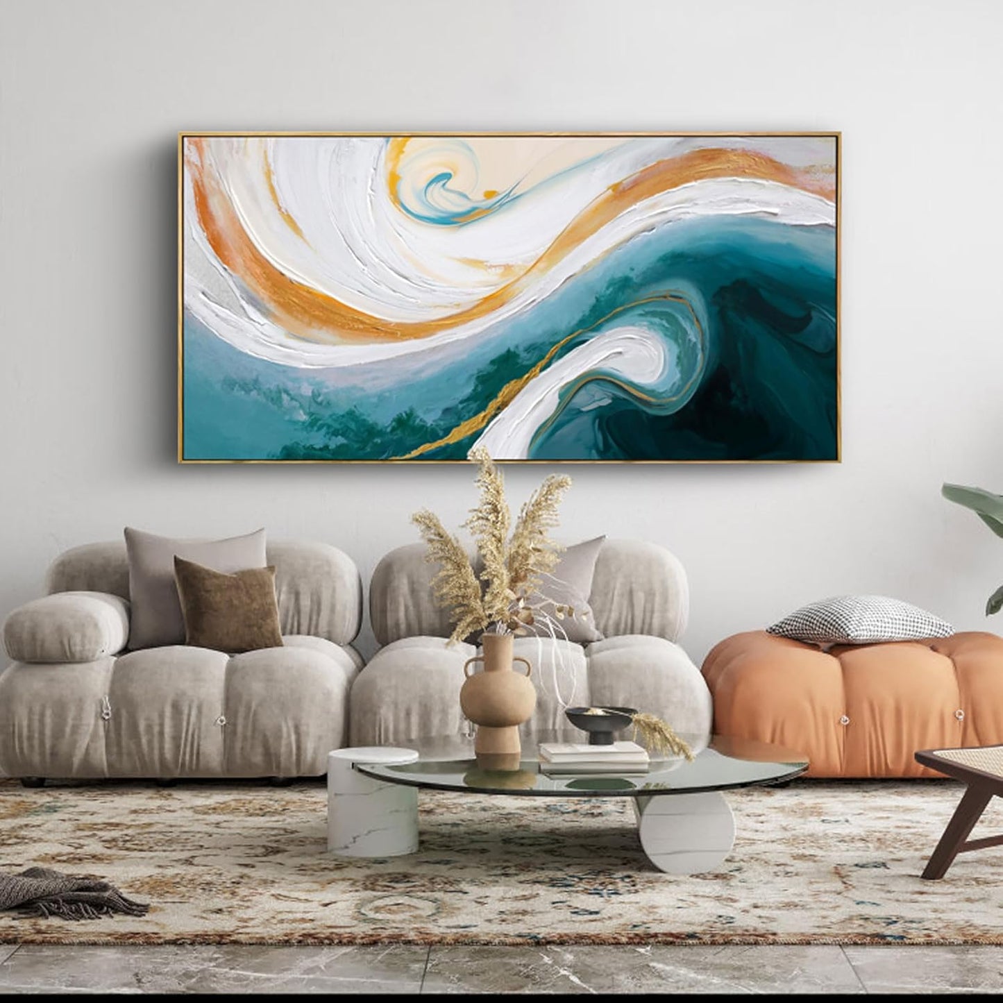 XLSJERST Abstract Canvas Wall Art for Living Room - Large Frame Blue and White Wall Decor Picture Modern Orange Painting Artwork for Bedroom Home Office Decoration Size 40x20 Inches