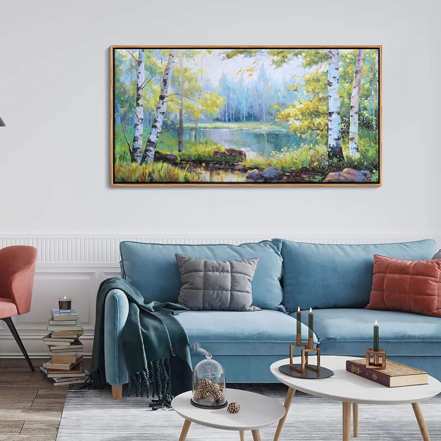 YCPRIMER Large Forest Wall Art Green Trees Picture for Living Room Landscape Birch Tree Painting Home Bedroom Decoration Green and White Framed Artwork Decor 29×58IN