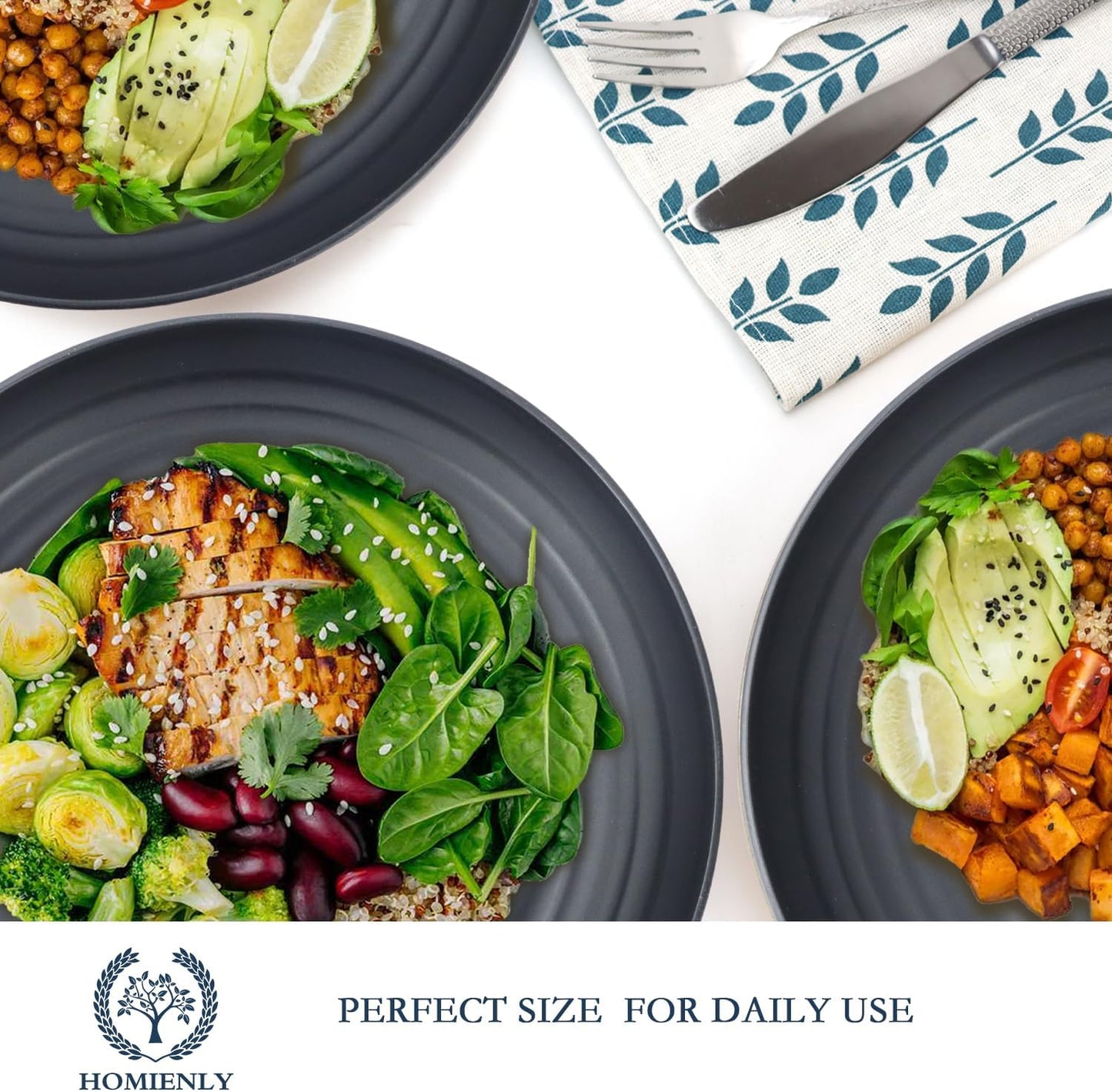 Homienly Deep Dinner Plates Set of 12 - Alternative to Plastic - Microwave & Dishwasher Safe - Wheat Straw - Unbreakable - Kids Plates (Black, 10 inch)