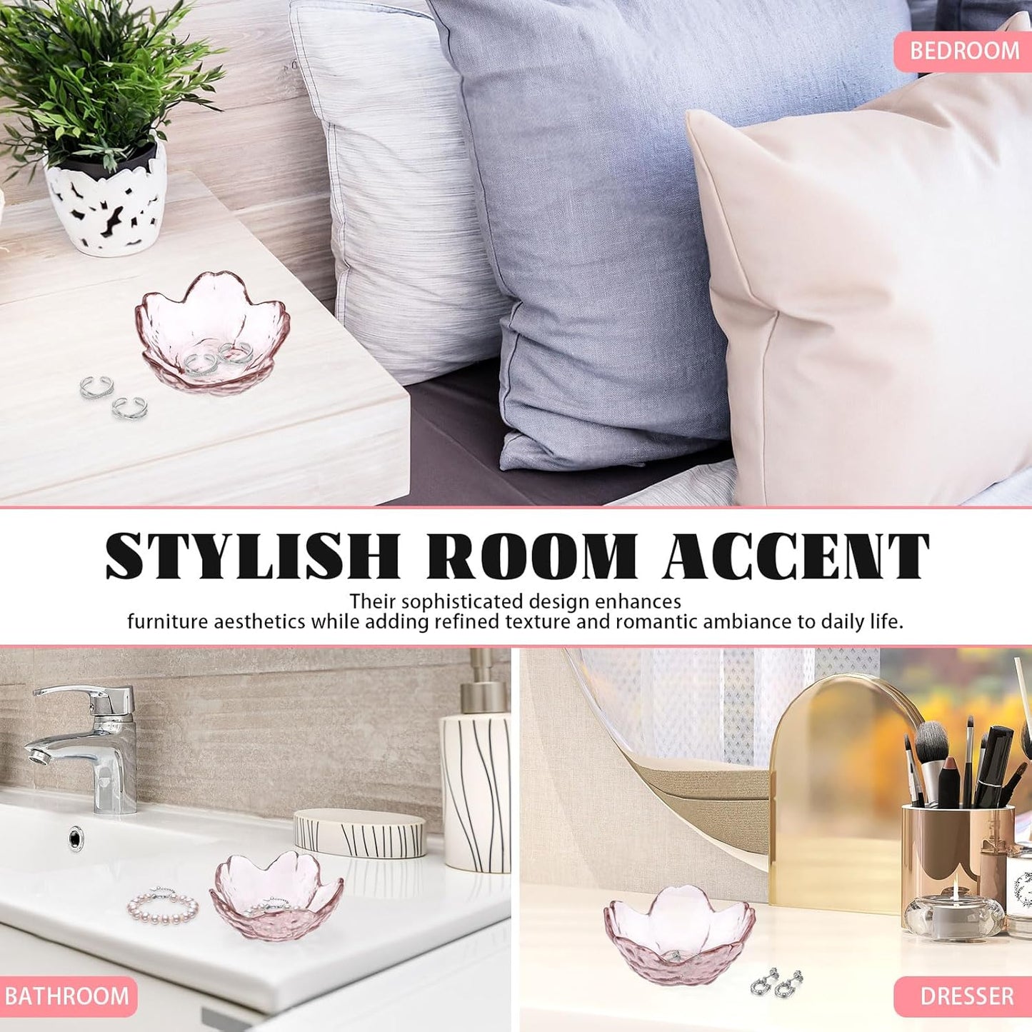 4 Pack Ring Dish Jewelry Tray, Small Glass Trinket Dish, Decorative Aesthetic Ring Holder Plate Bowl for Women Ring Earring Bracelet for Vanity Nightstand (Crystal Pink)